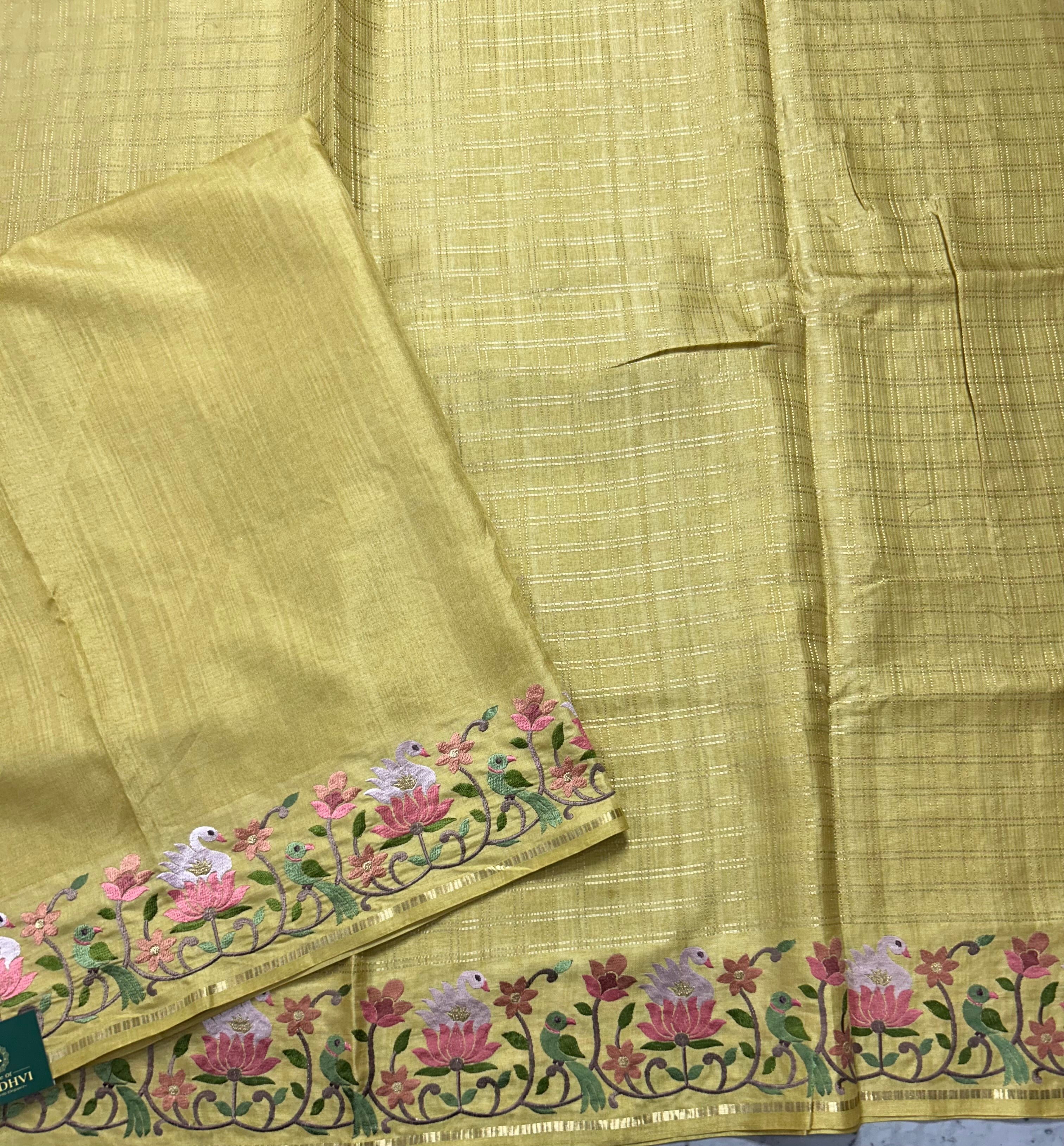 Pastel yellow checks embroidery border semi Tussar 105 saree