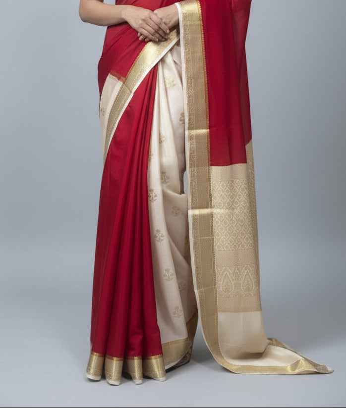 Red n cream partly pallu pure Mysore silk saree PP106