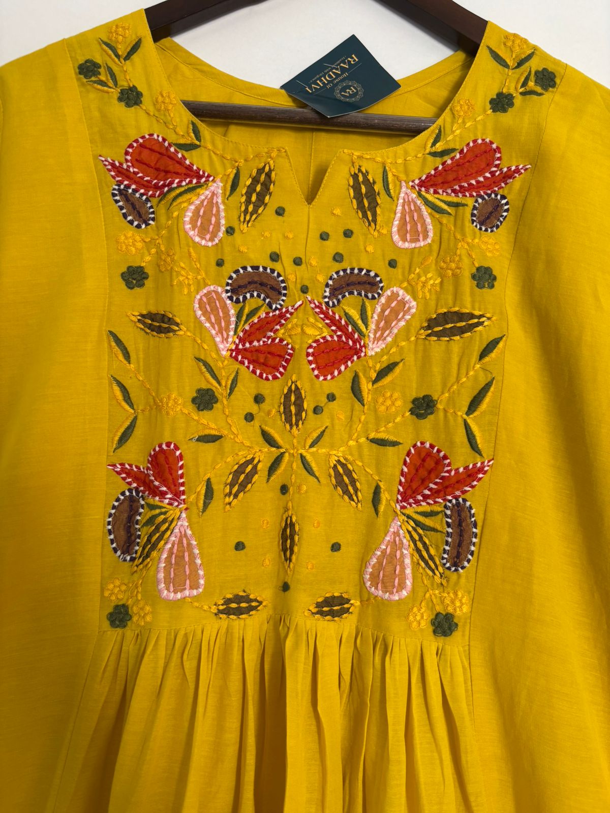 Yellow Mul Chanderi Thread Embroidery Airline Kurtha 483