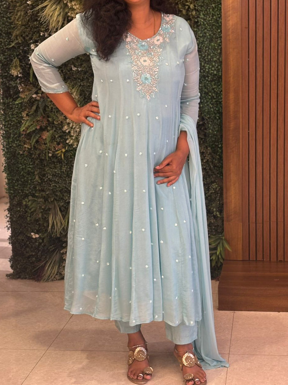 Sky Blue Anarkali Chinnon Hand Embroidery Kurtha 567