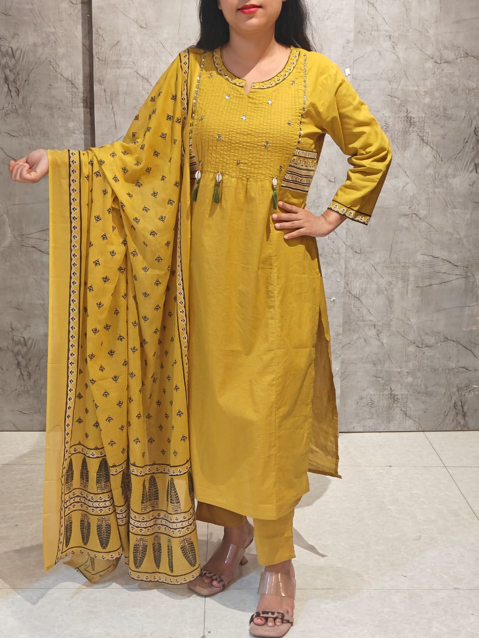 Musturd Yellow Cotton Embroidery Straight Fit Kurtha 606