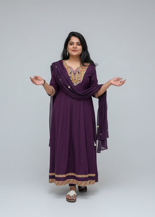 Purple Mul Cotton Block Print Anarkali Kurtha 837