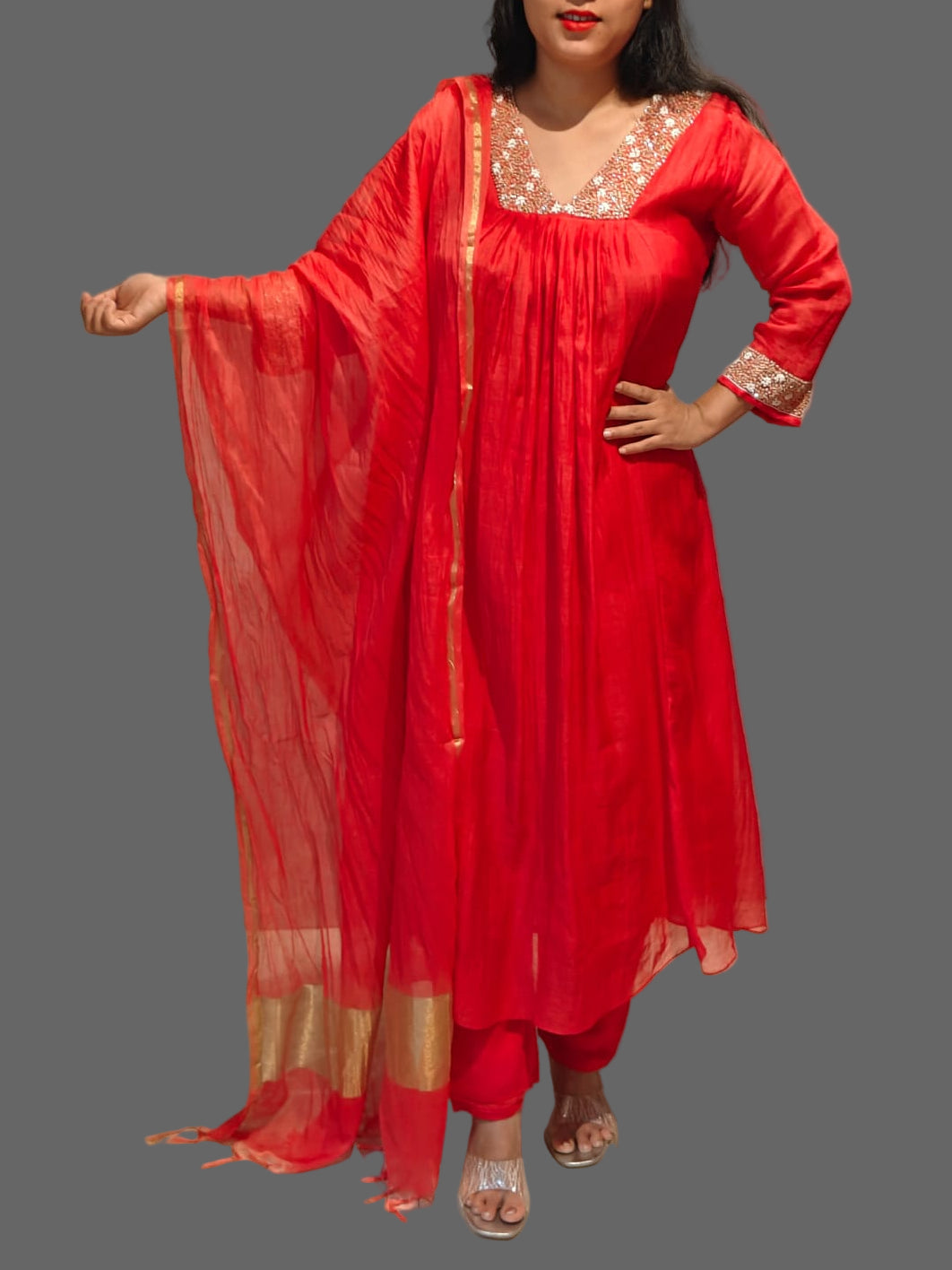 Red Mul Chanderi Hand Embroidery Airline Kurtha 324