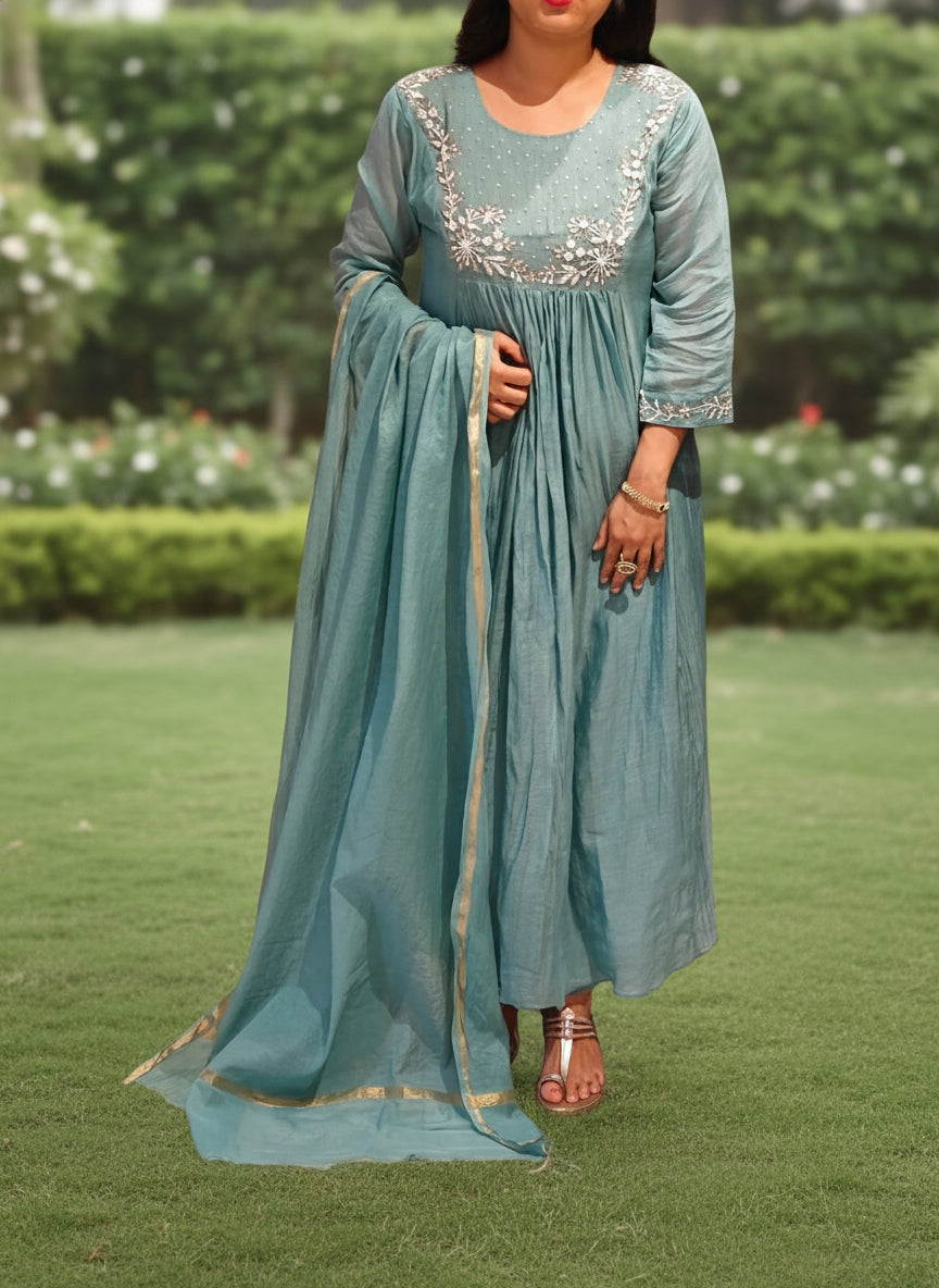 Sea Green Mul Chanderi Hand Embroidery Airline Kurtha093