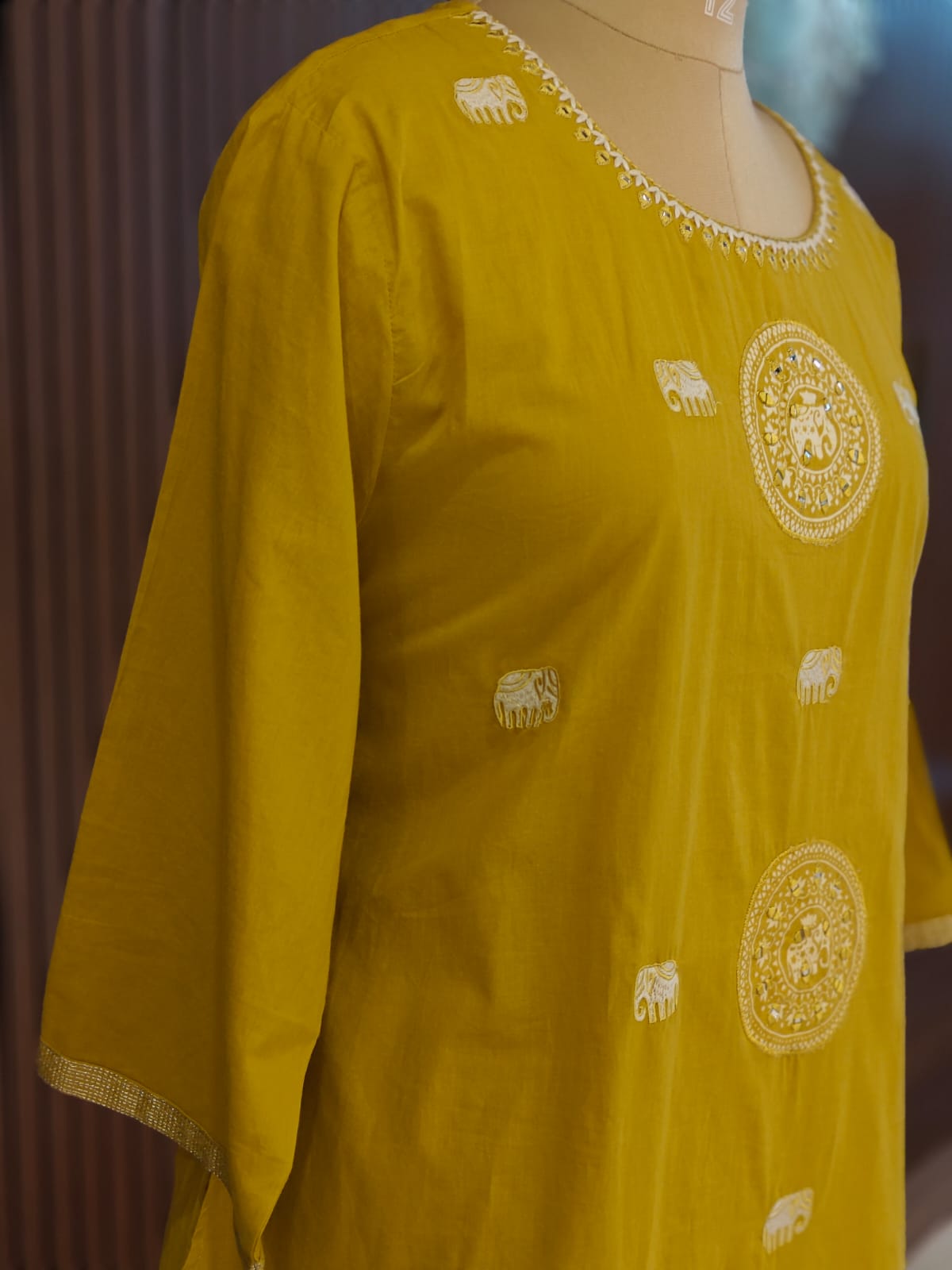 Yellow Cotton Block Print Airline plus size Kurtha