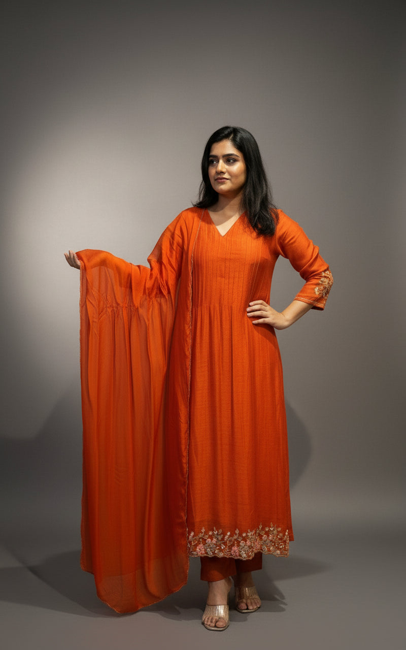 Orange Mul Chanderi Hand Embroidery Anarkali Kurtha 131