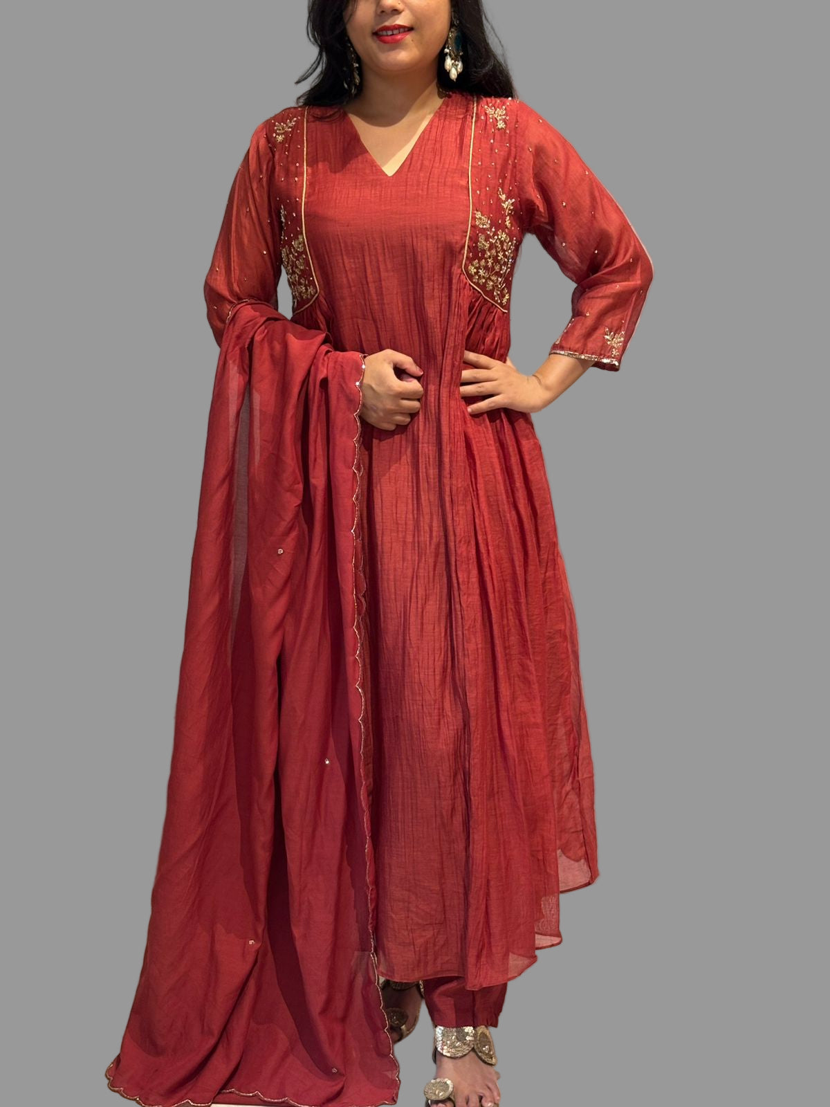 Rustic Orange Chanderi Hand Embroidery Airline Kurtha 324