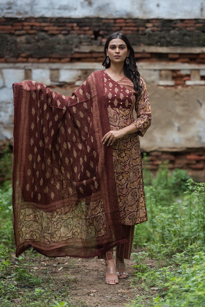 Marron Cotton Kalamkari Straight Fit kurtha 939