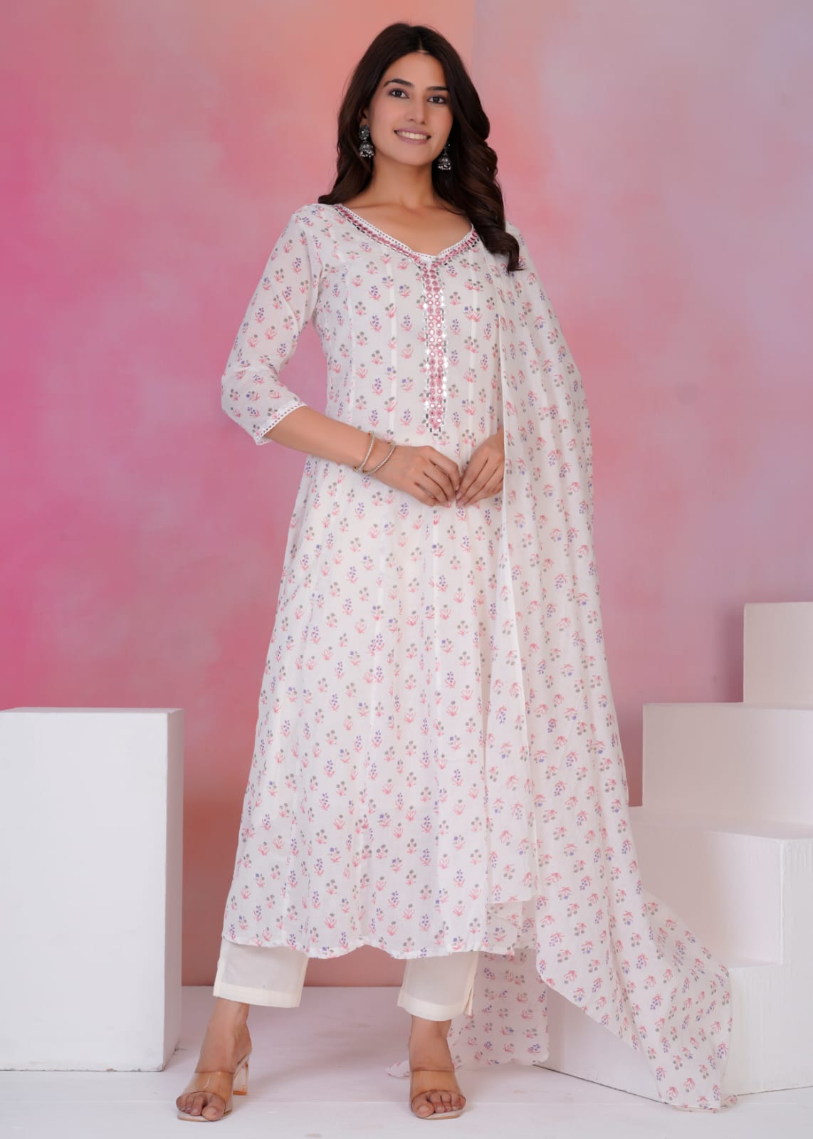 “Jhoda” White and Pink Mul cotton with hand work kurtha 432 Anarkali suit with dupatta