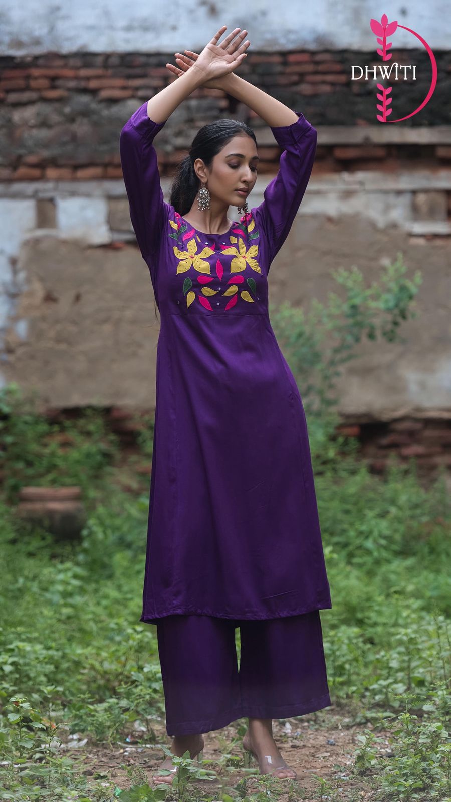 Purple Cord Set  Crepe Flower pattern kurtha set