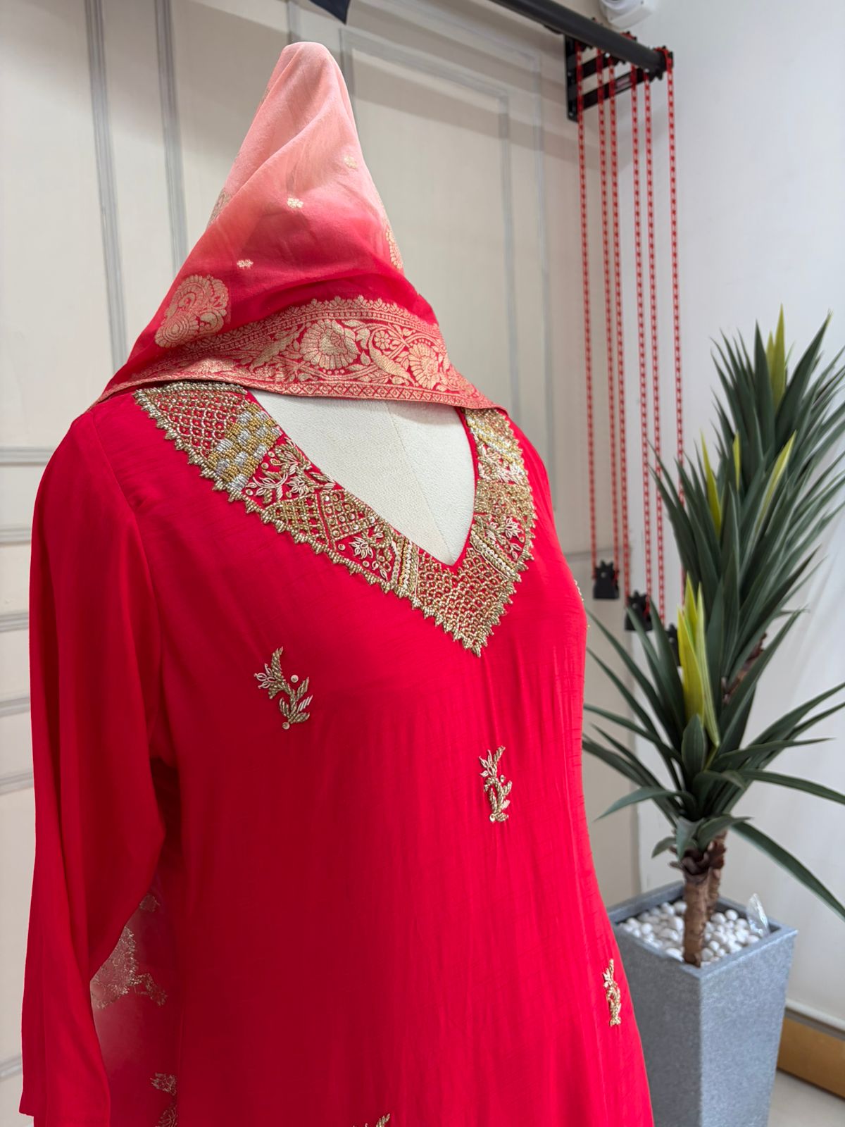 Red Mul Chanderi Hand Embroidery  A Line  Kurtha 686