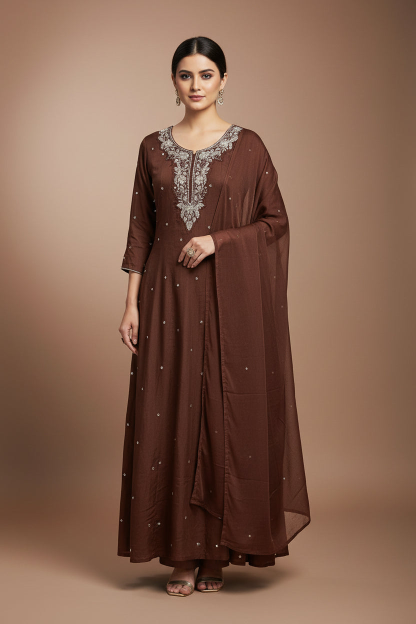 Brown Anarkali Chinnon Hand Embroidery Kurtha 567