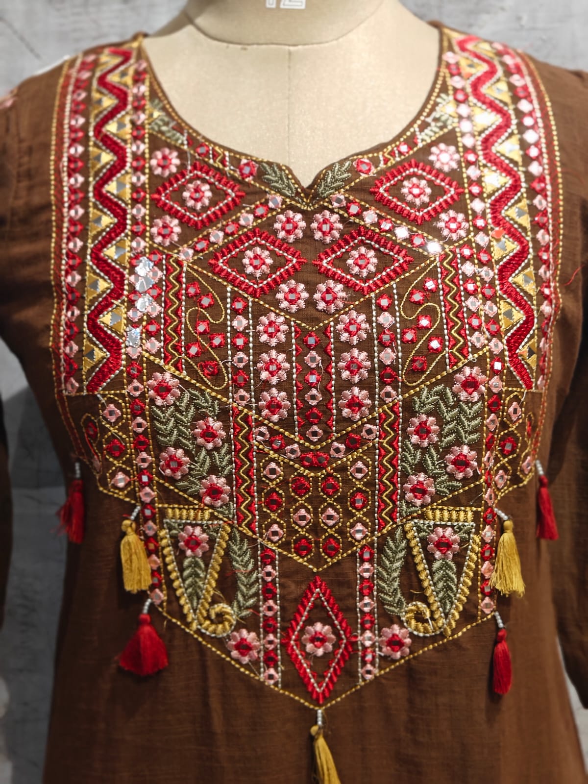 Brown Cotton Thread Embroidery Straight Fit Kurtha