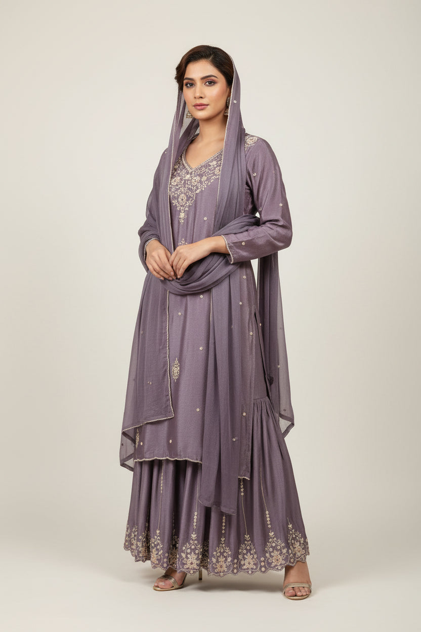 "PARI" Lilac Designer Kurtha Set with Handwork and Palzoo Pant