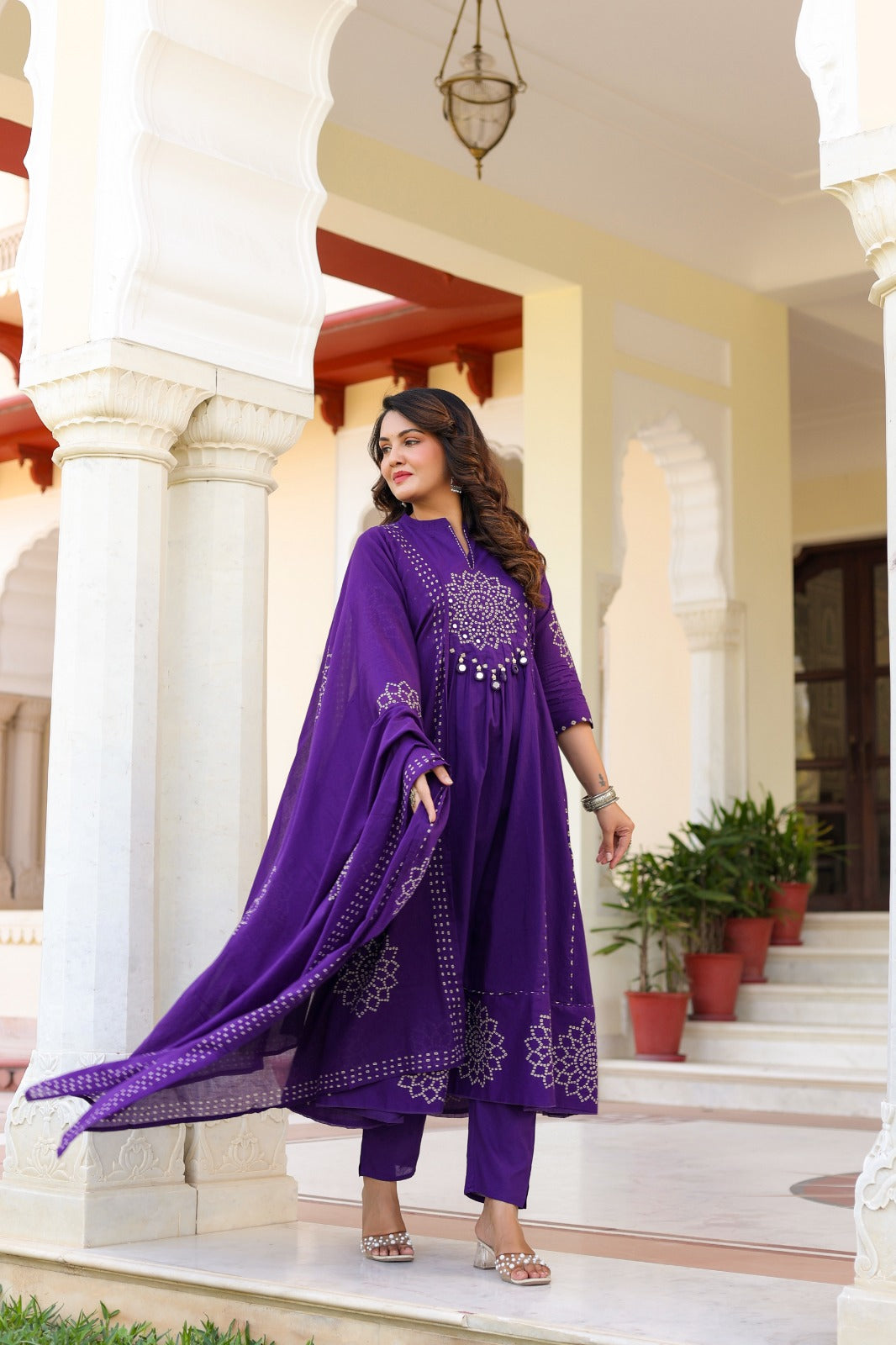 Purple Cotton Hand Embroidery Straight Kurtha 389