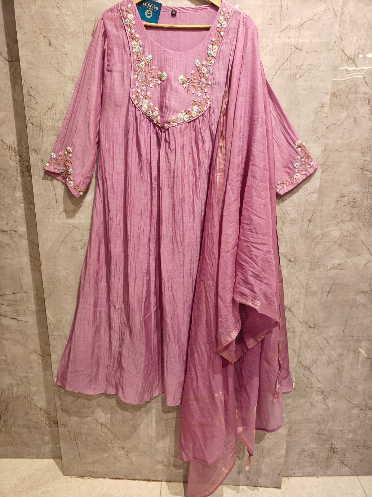 “Pani"  Lilac Mul Chanderi silk Kurtha suit with work hand embroidery