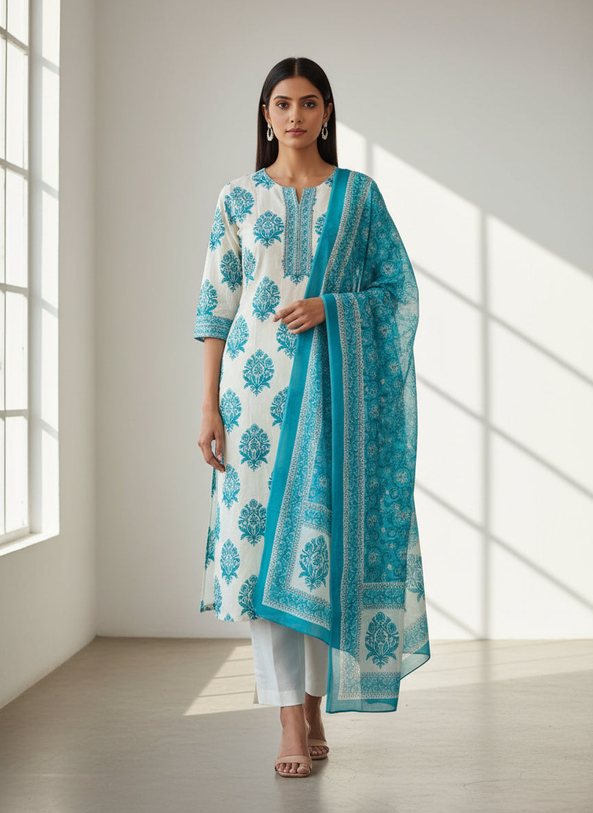 White With Blue Cotton Block Print Anarkali  Kurtha