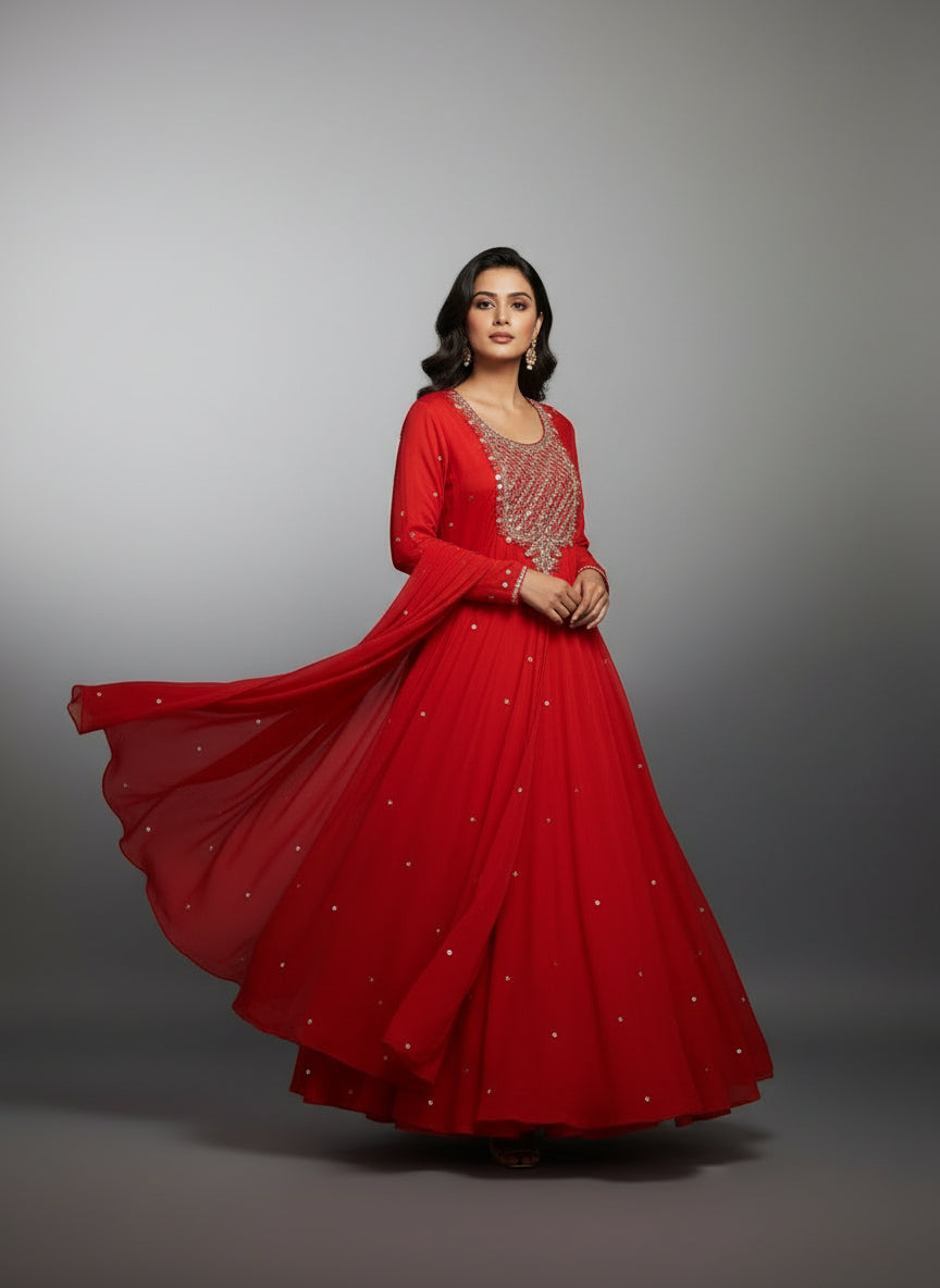 Orange Anarkali Chinnon Hand Embroidery Kurtha 567