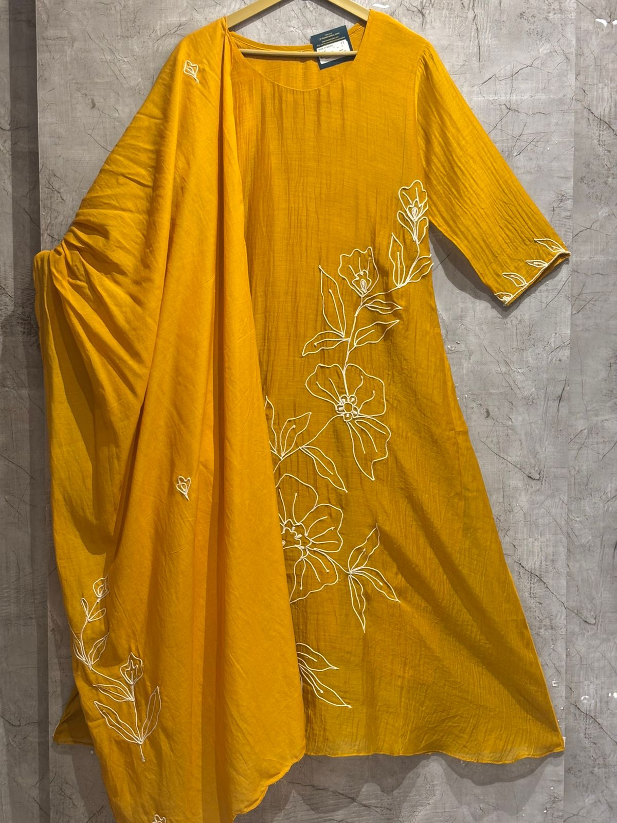 Musturd Yellow Mul Chanderi Thread Work Airline Kurtha