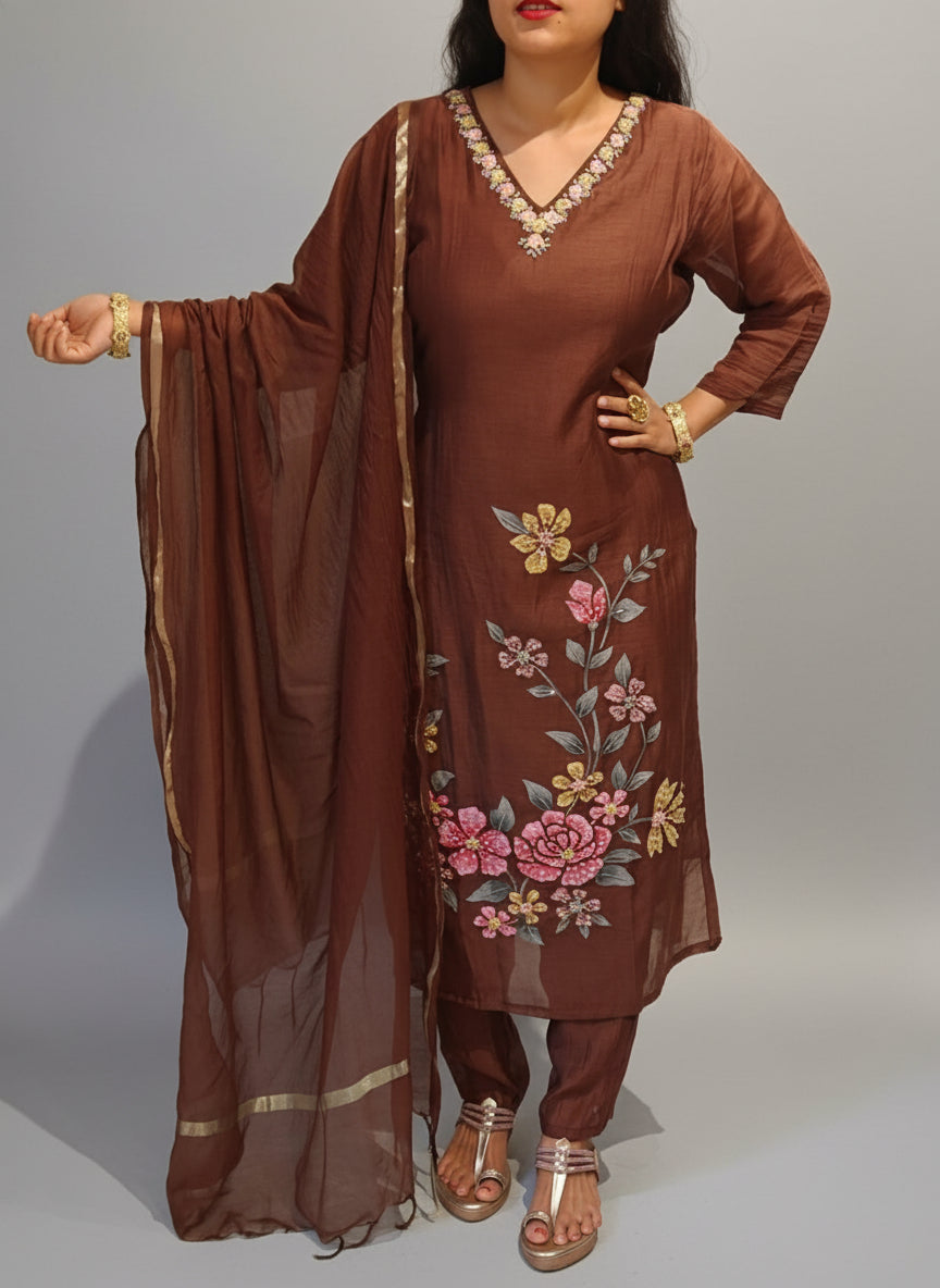"Brown" Mul Chanderi hand painted kurtha 431