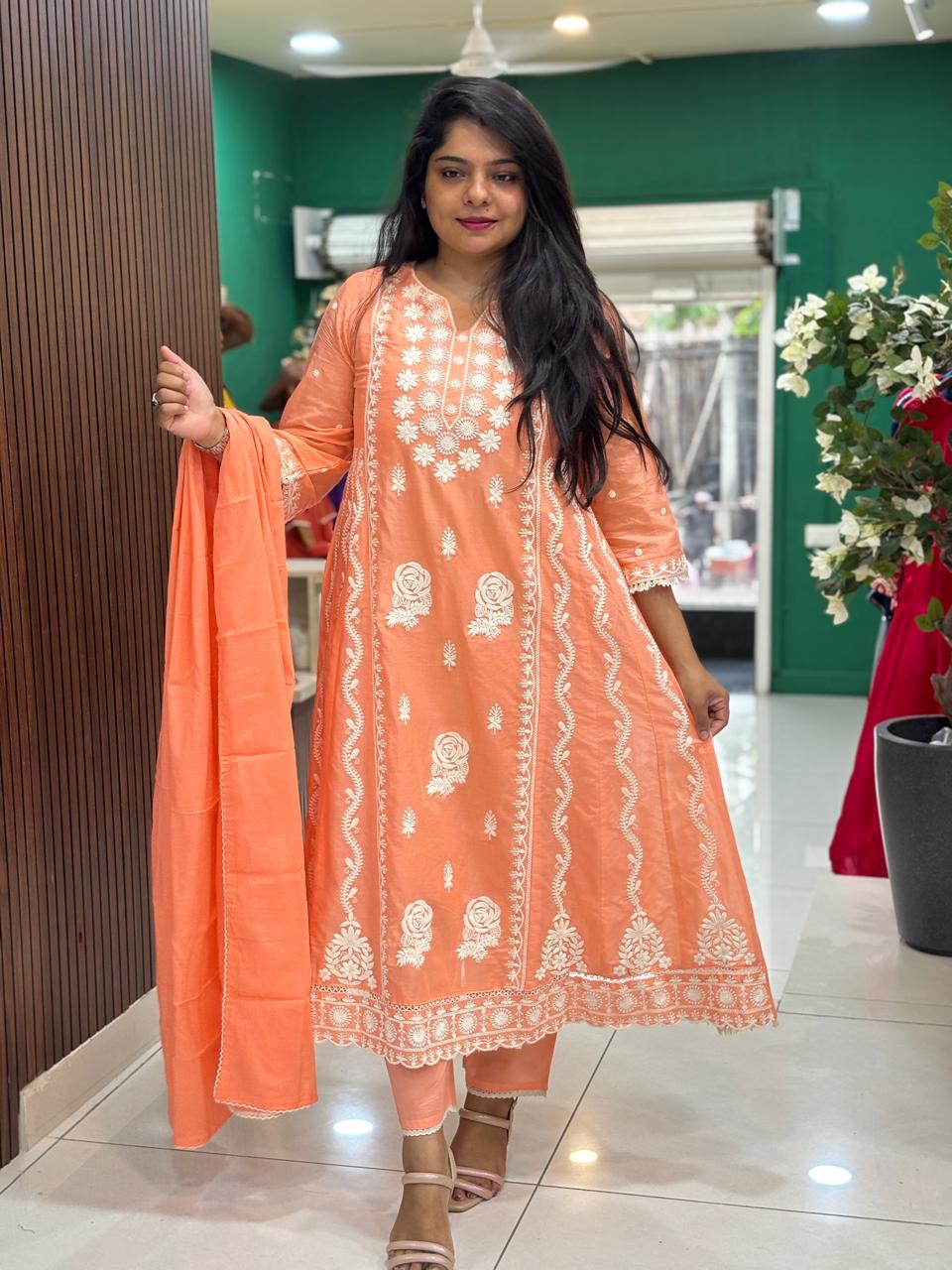Orange Mul Cotton Chikankari Work Straight Fit Kurtha 459