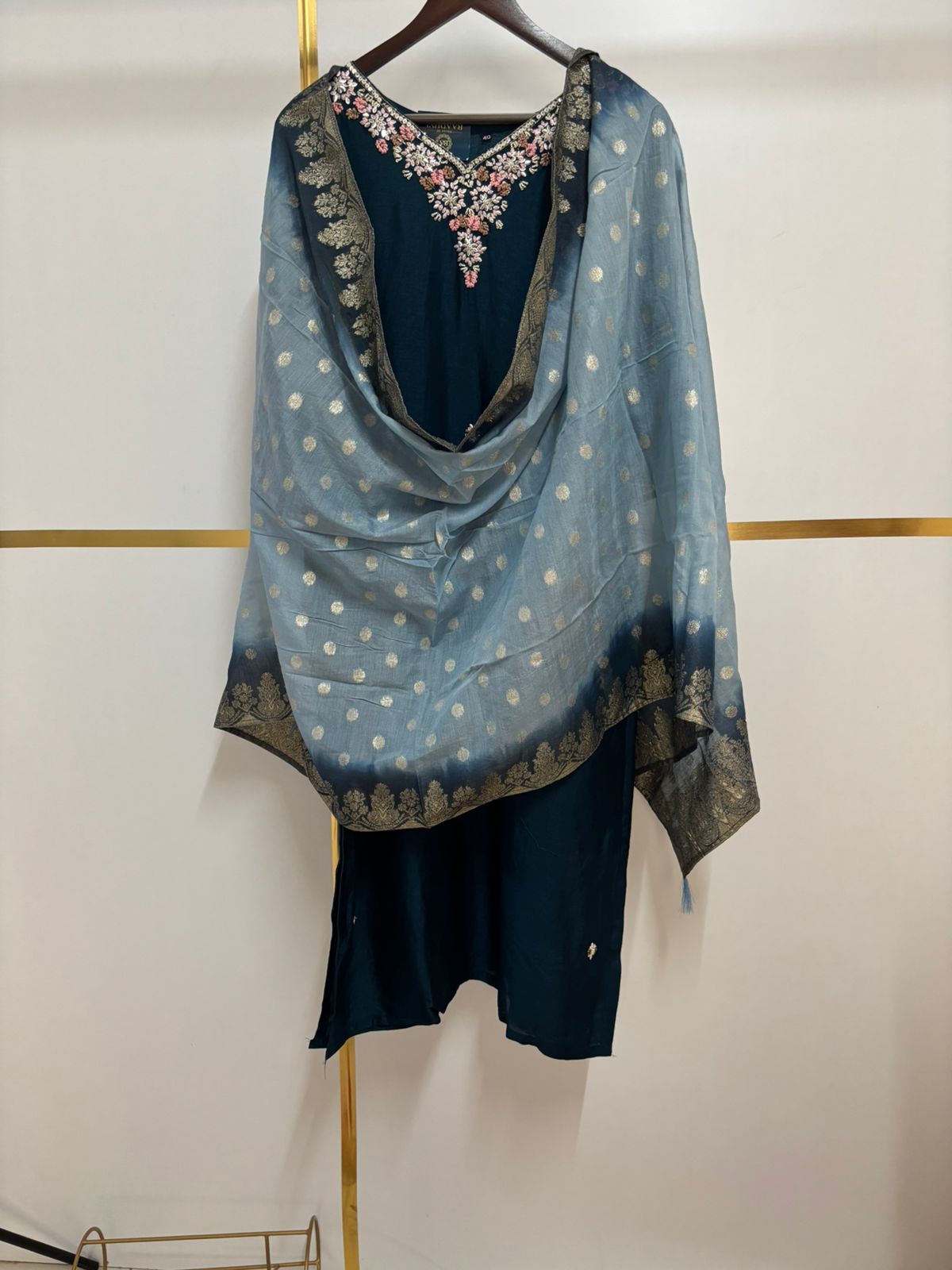 Peacock Blue Silk Thread Embroidery Work Straight Fit Kurtha 230