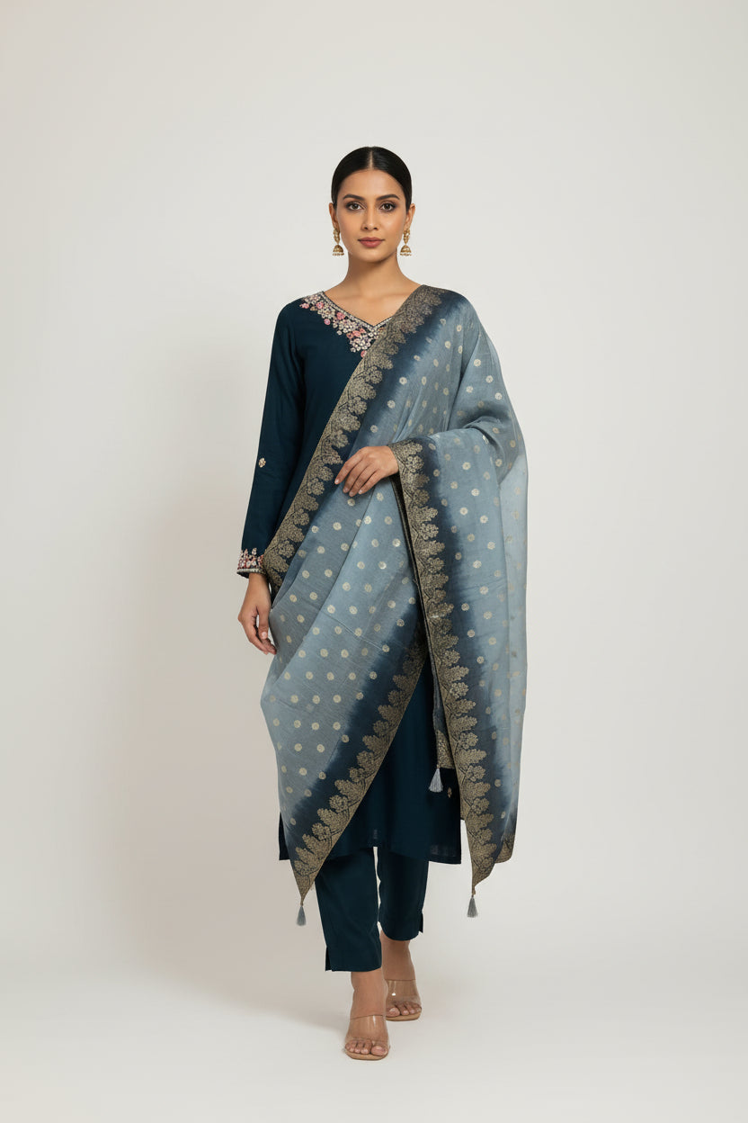 Peacock Blue Silk Thread Embroidery Work Straight Fit Kurtha 230