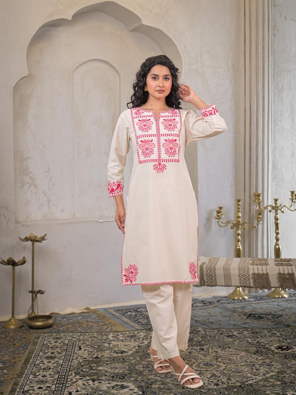 White and Pink Cotton Linen Thread Cord set  Kurtha set 077