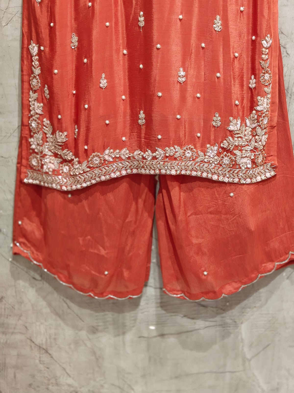 Brike Orange Chinnon Hand Embroidery Sharara Kurtha