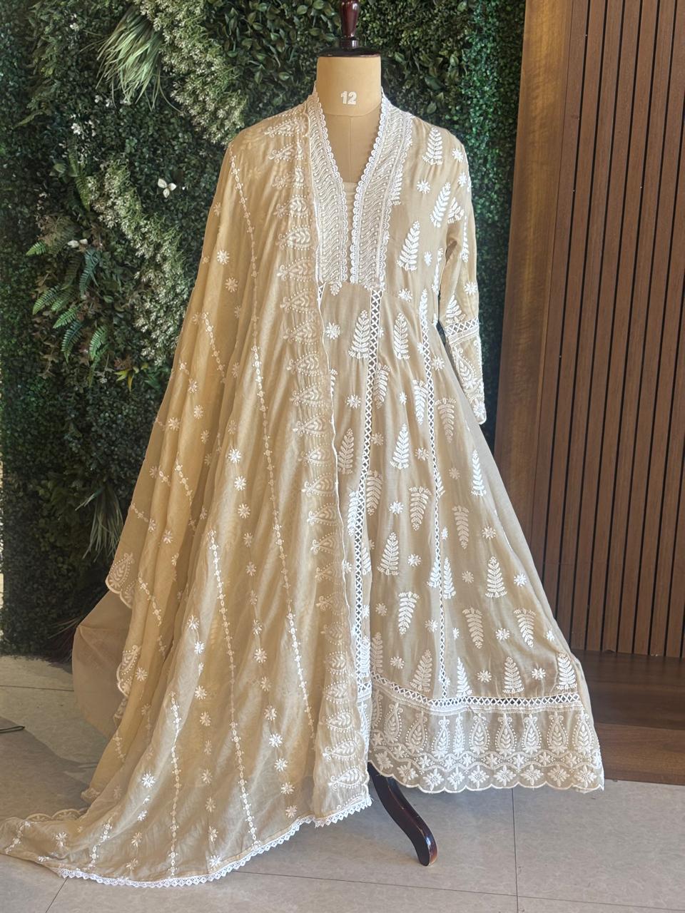 Beige Cotton Hakkoba Work Anarkali Kurtha 459
