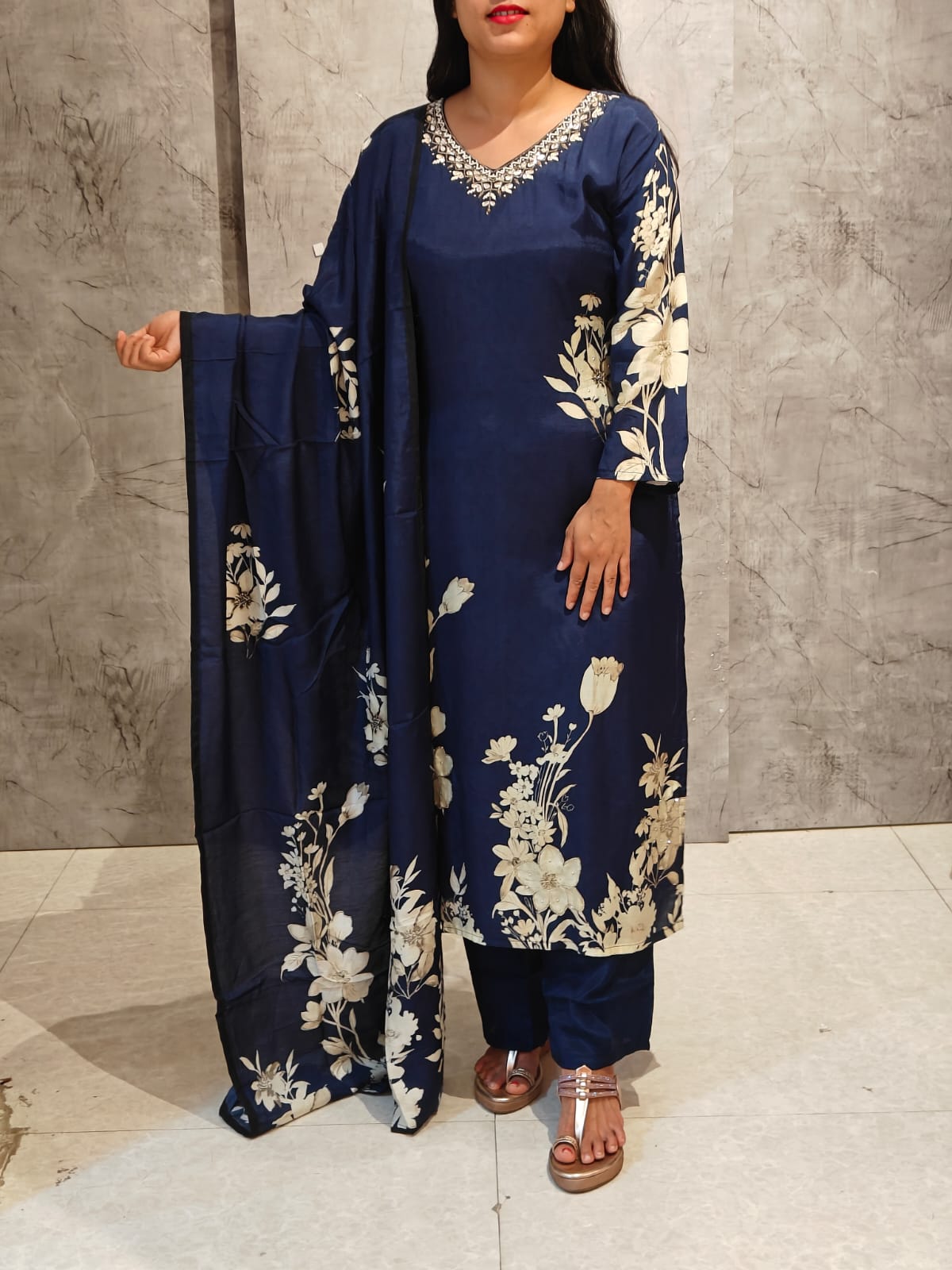 Dark Blue Muslin Crepe Digital Print Kurtha 693