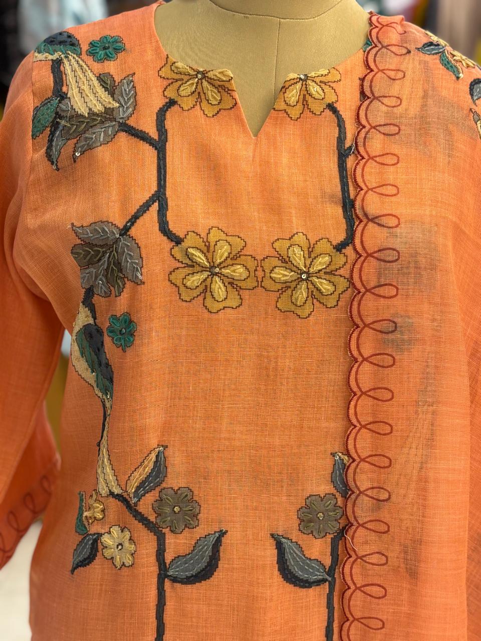 Orange Kota Silk Jamdani Work Straight Fit Plus Size Kurtha