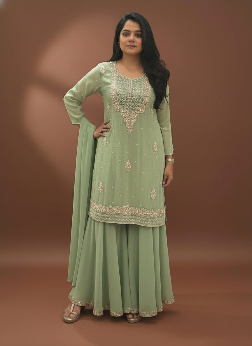 Green Chinnon Hand Embroidery Sharara Kurtha 301