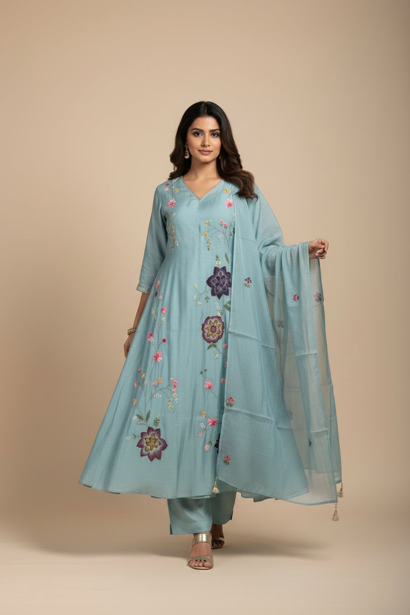 Blue  Mul Chanderi Thread Embroidery A Line Kurtha 63