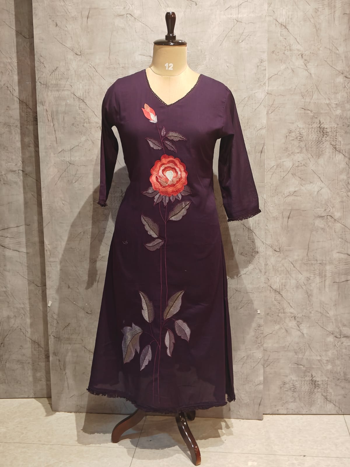 Purple Mul Cotton Thread Embroidery Straight Fit Kurtha 837