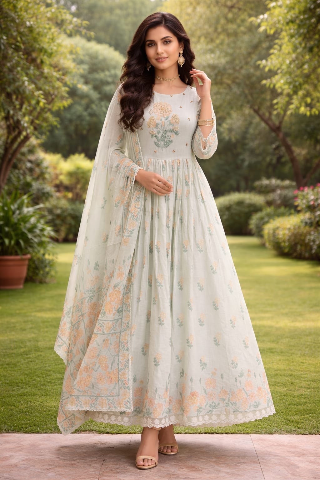 Pista Green Mul Cotton Block Print Anarkali Kurtha 837