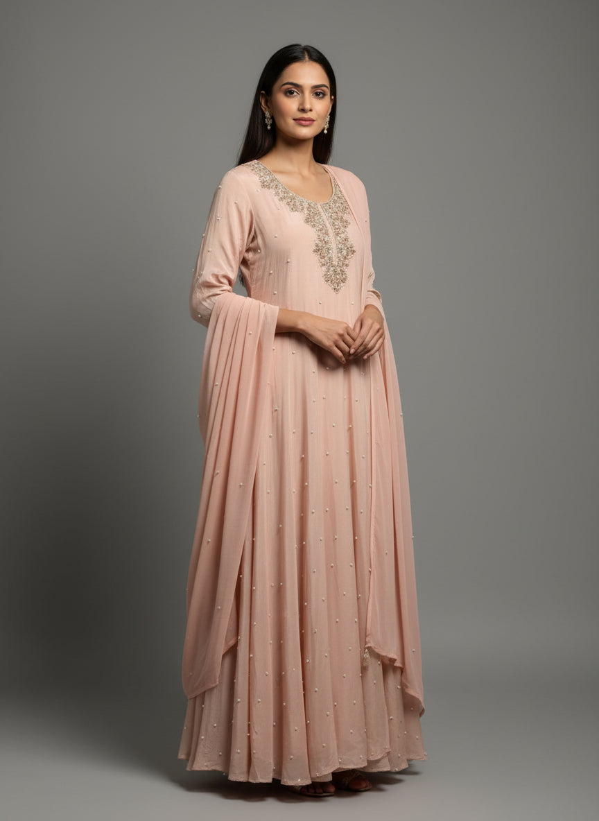 Baby Pink Anarkali Chinnon Hand Embroidery Kurtha 567