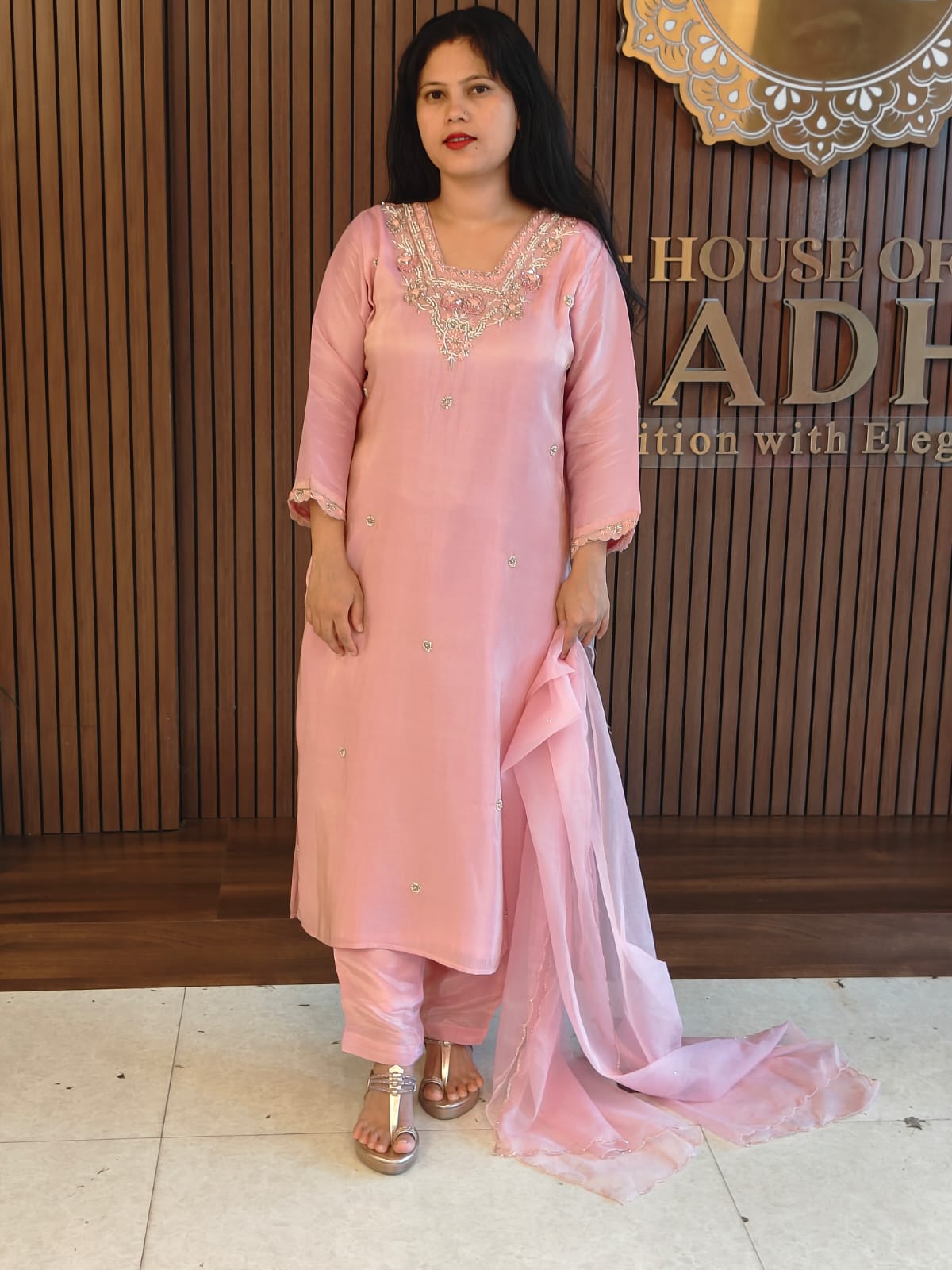 "Chandini" Baby Pink Tissue Shimmer Kurtha with heavy handwork on Sleeves- Plus Size
