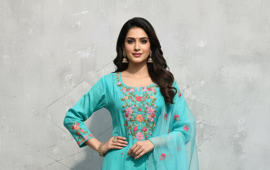 Blue Mul Chanderi Thread Embroidery Straight Fit  kurtha 101