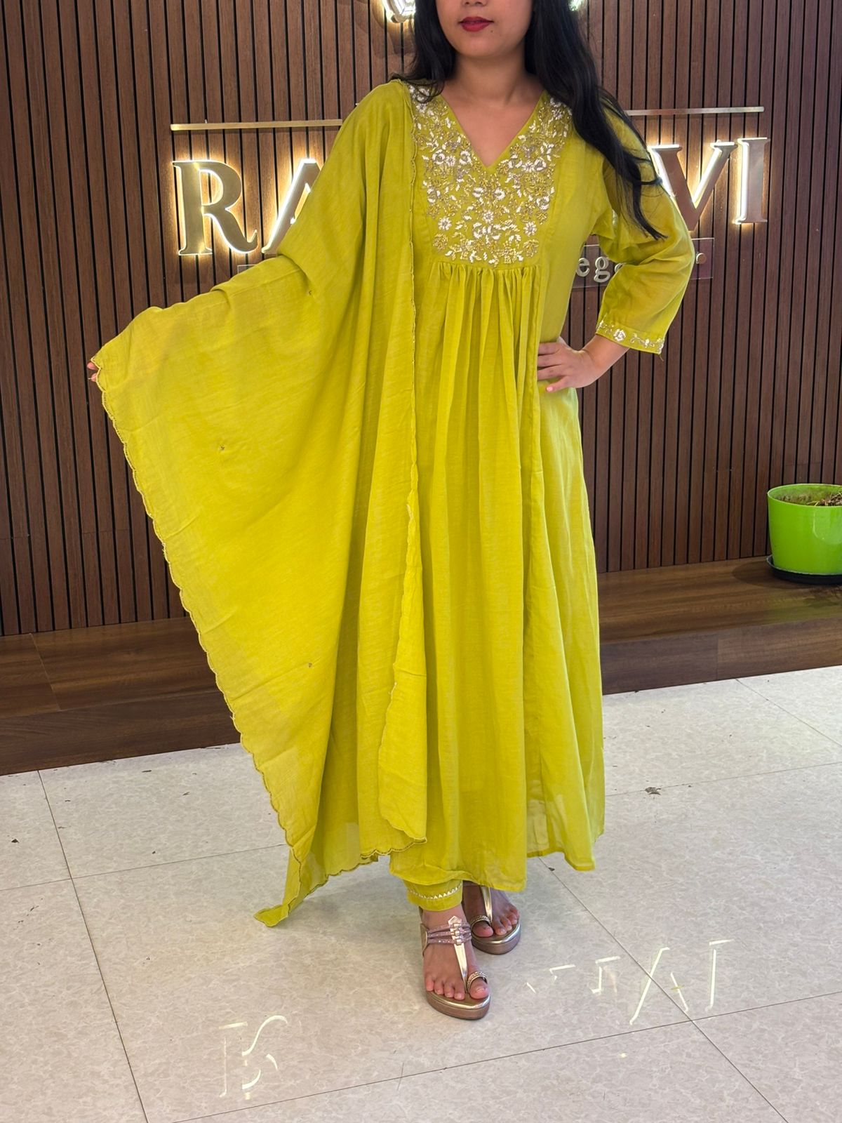 Green Mul Chanderi  Silk Anarkali Handwork Kurtha Set