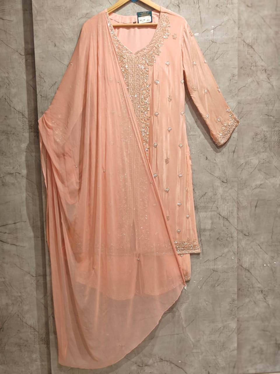 Baby Pink Chinnon Handwork Party Ware Kurtha 661
