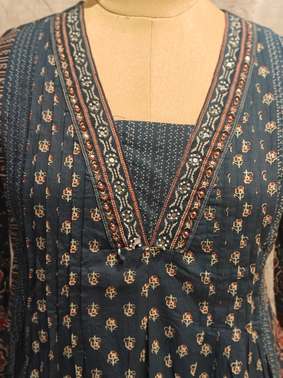 Peacock Blue Cotton Anarkali Block Print Kurtha 41
