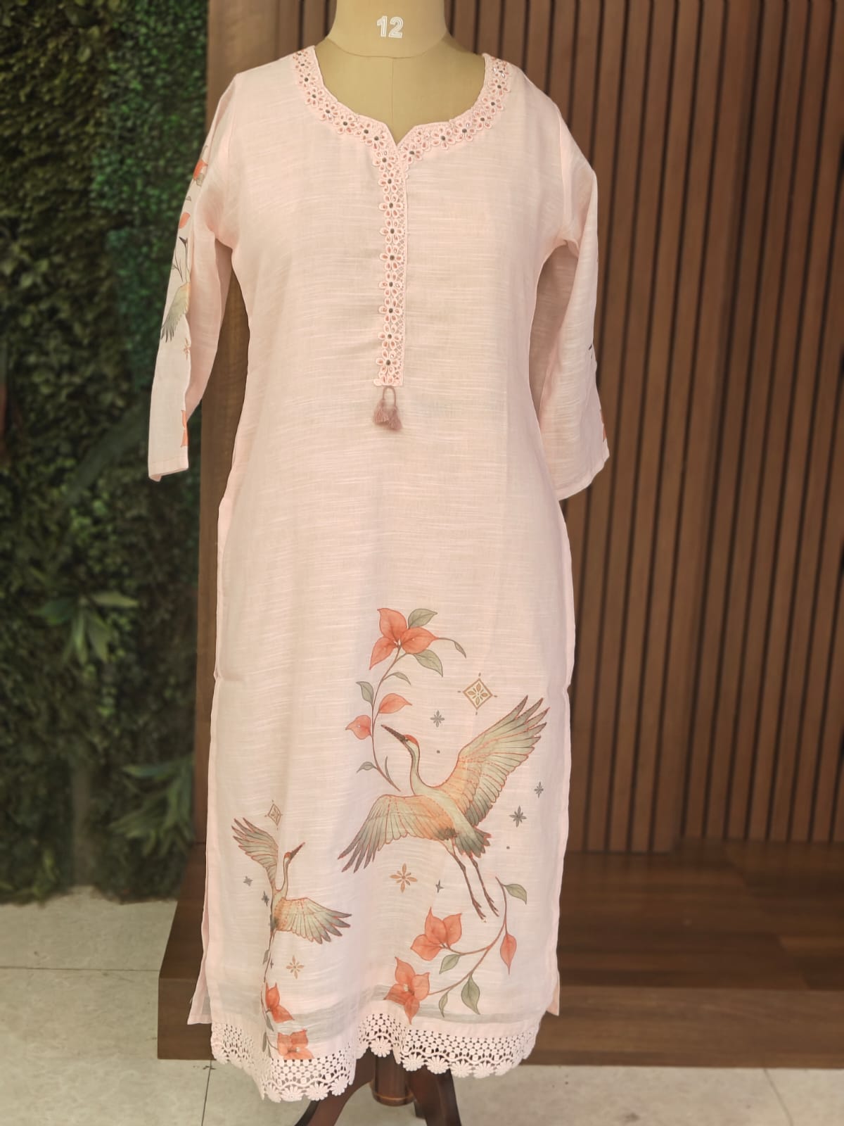Baby Pink Linen Straight Fit Handwork Kurtha