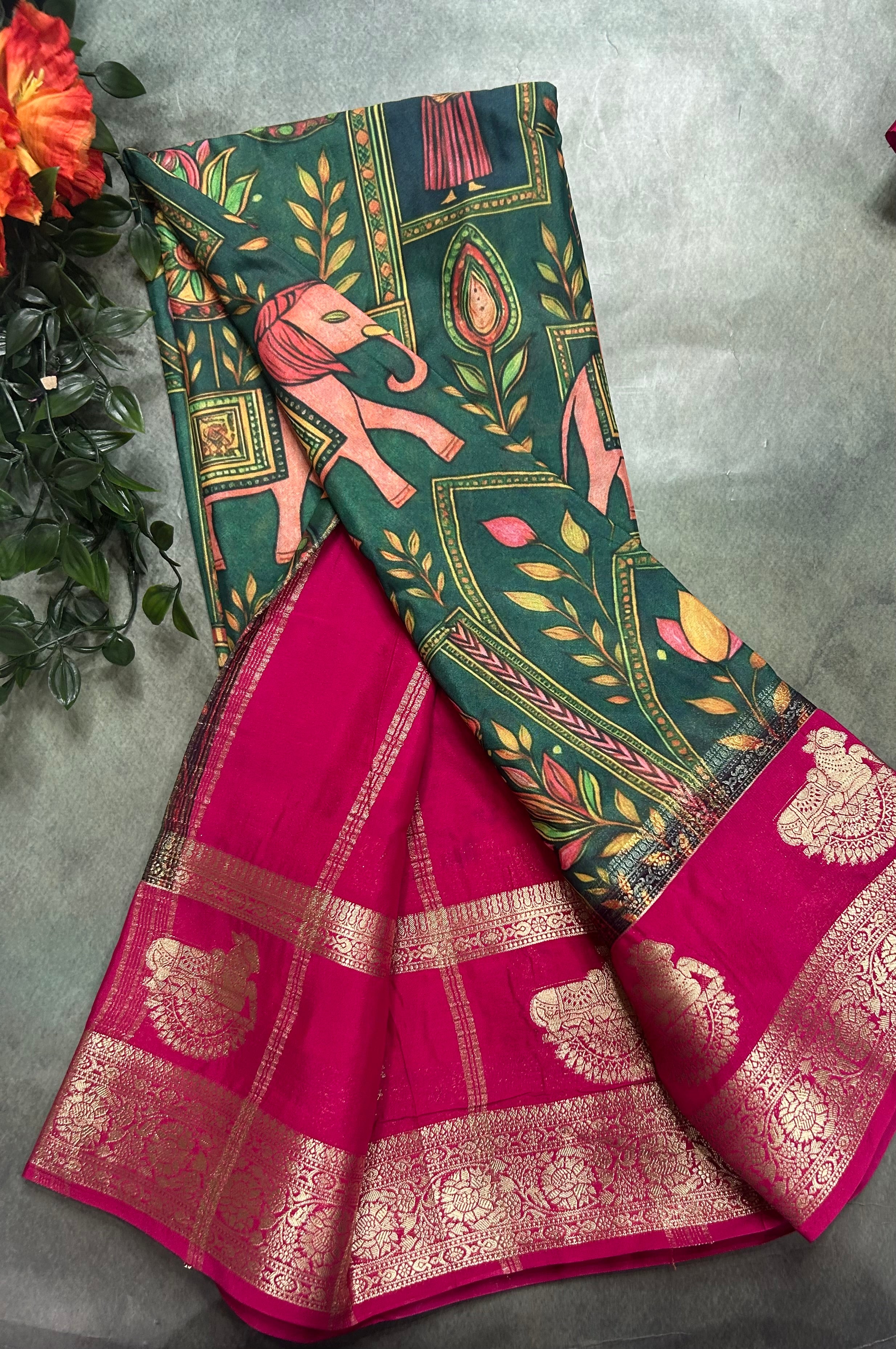 Multicolour bentex border printed semi Mysore 105 saree