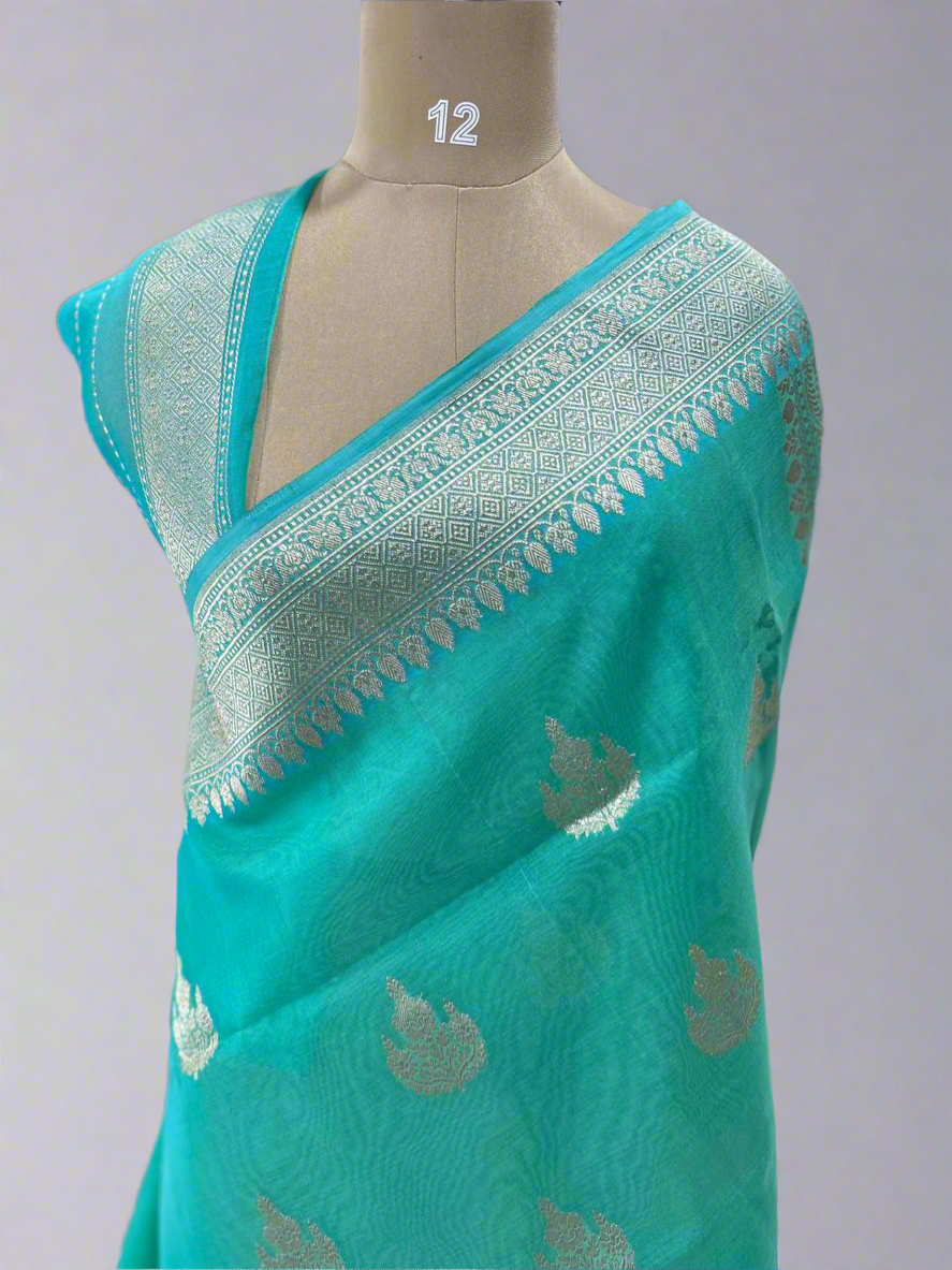 Aqua green pure banaras kora organza saree