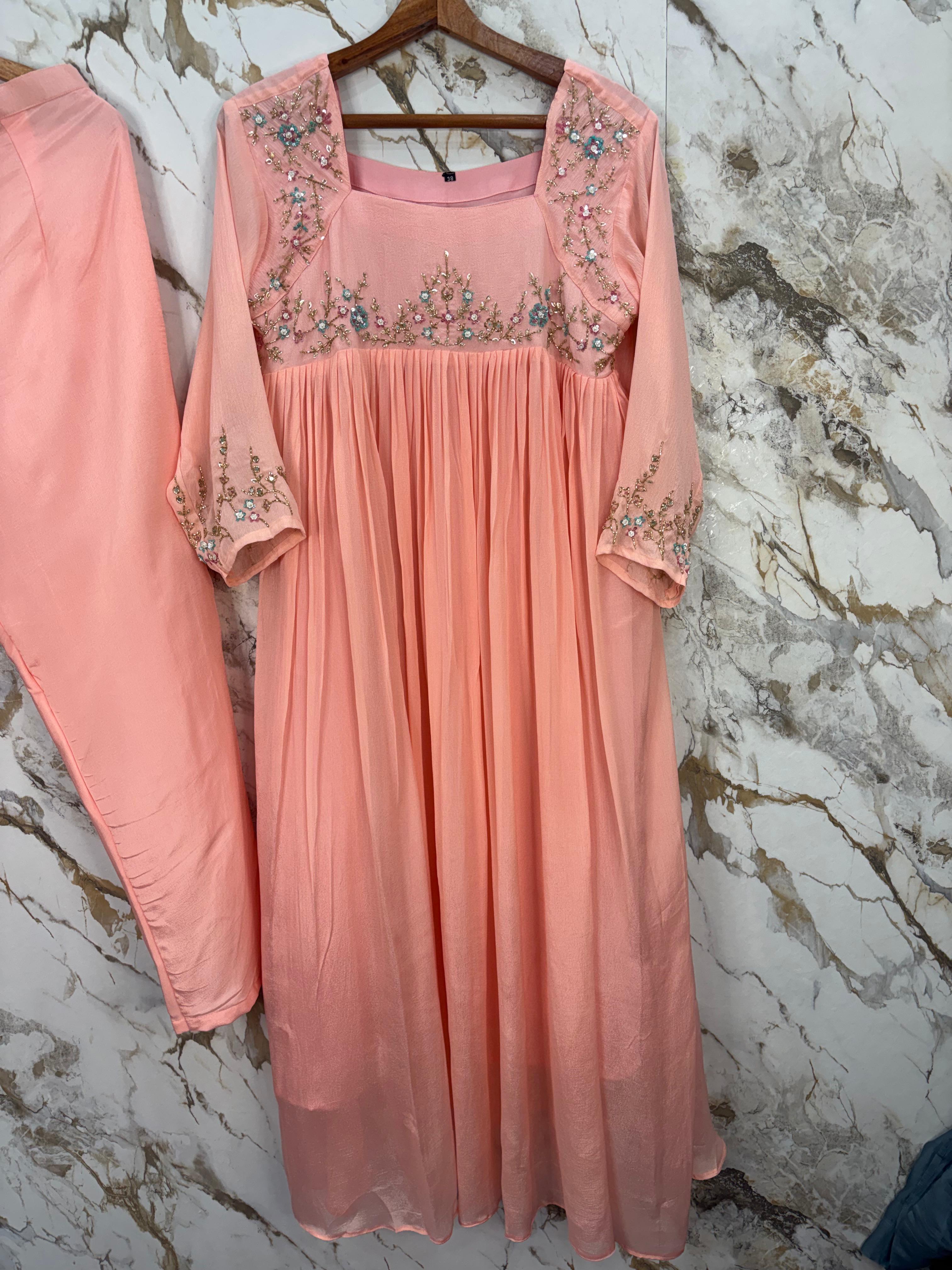 Baby Pink Chinnon Thread Embroidery Airline Cord Set Kurtha
