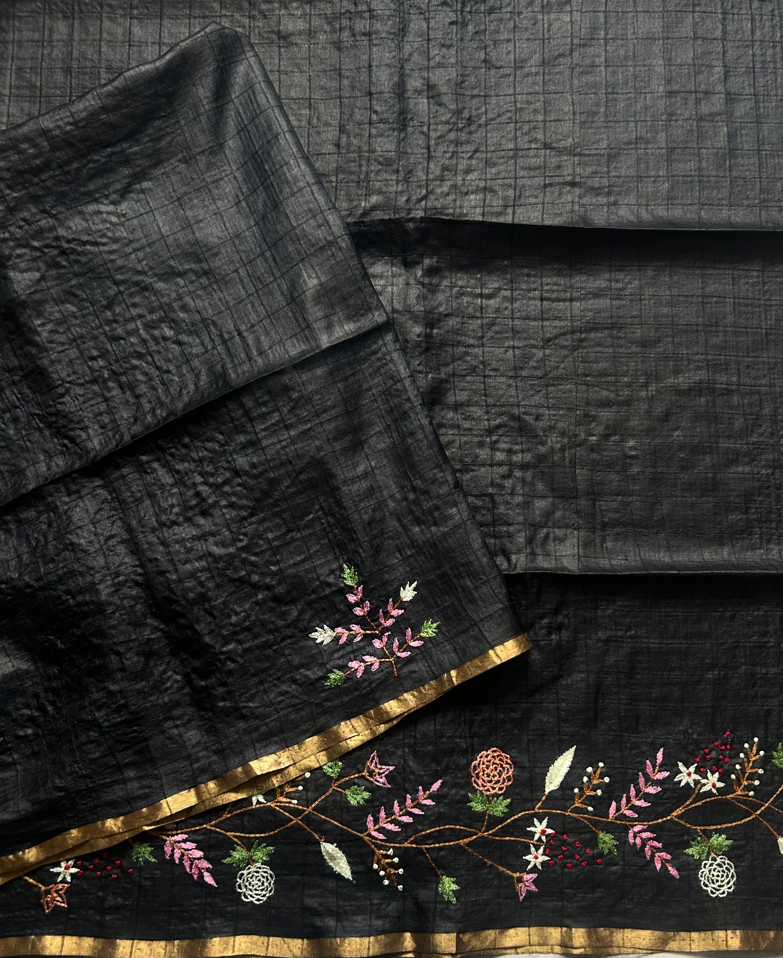 Black checks pure Tussar embroidery work saree