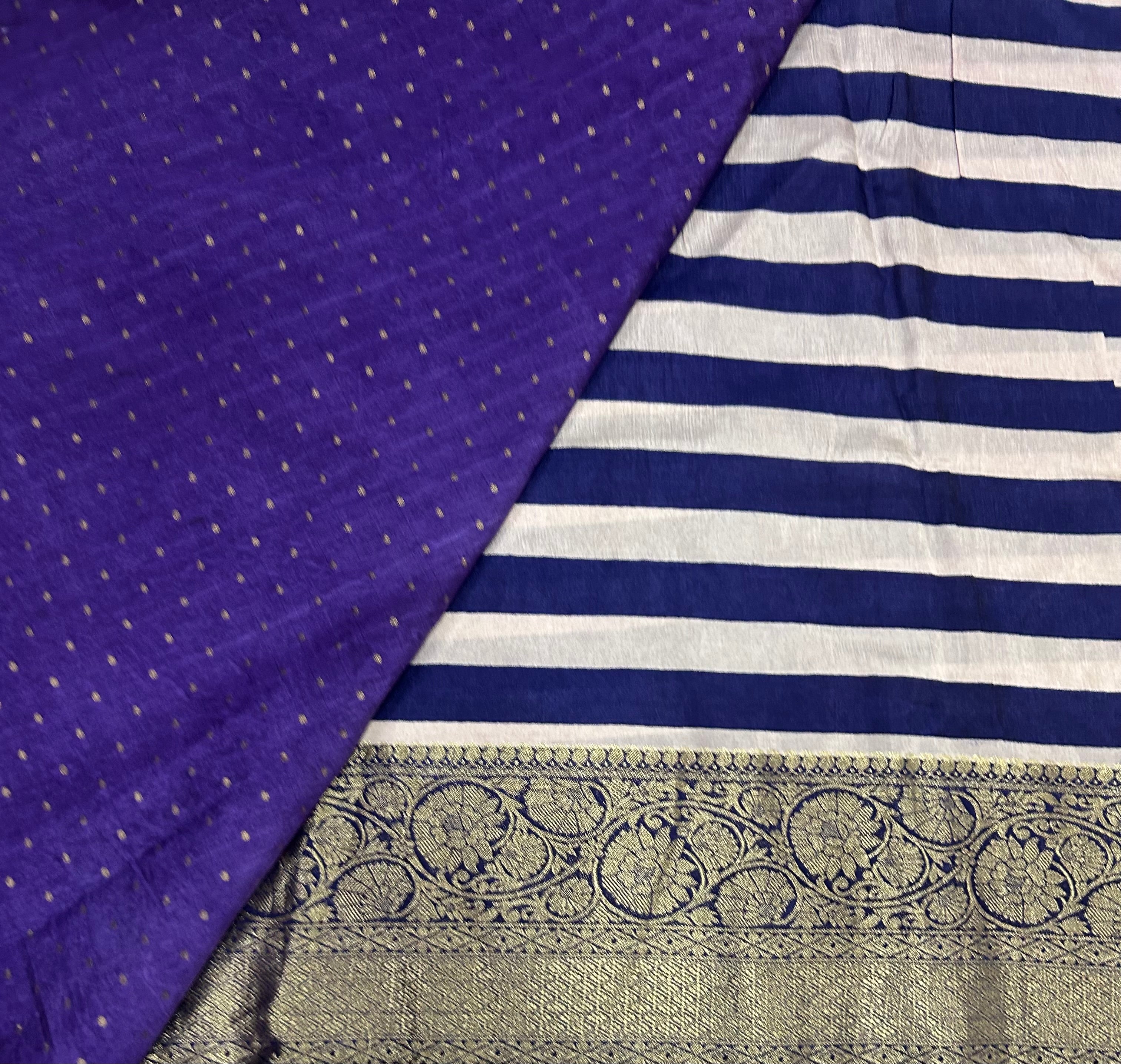 Navy blue stripes soft Tussar Kanchi border saree