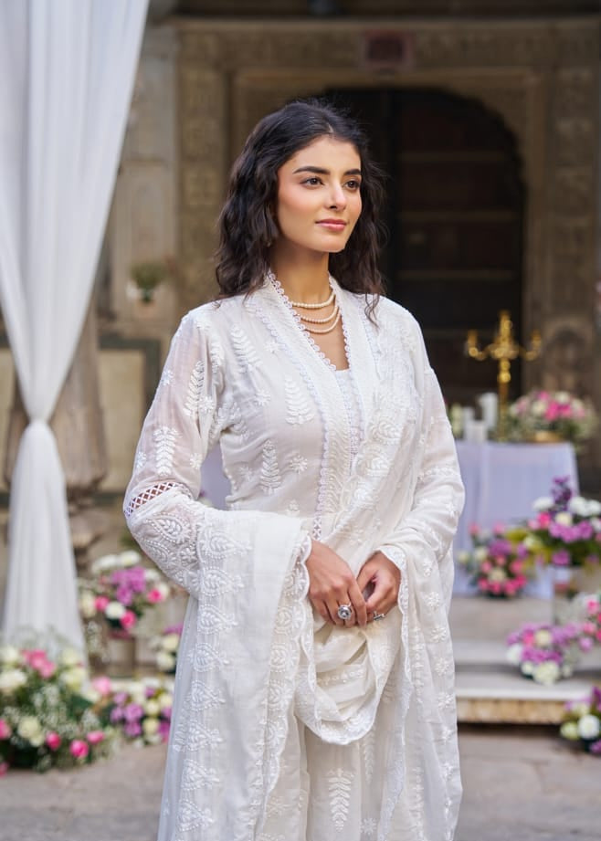 White Cotton Hakkoba Work Anarkali Kurtha Plus Size 459