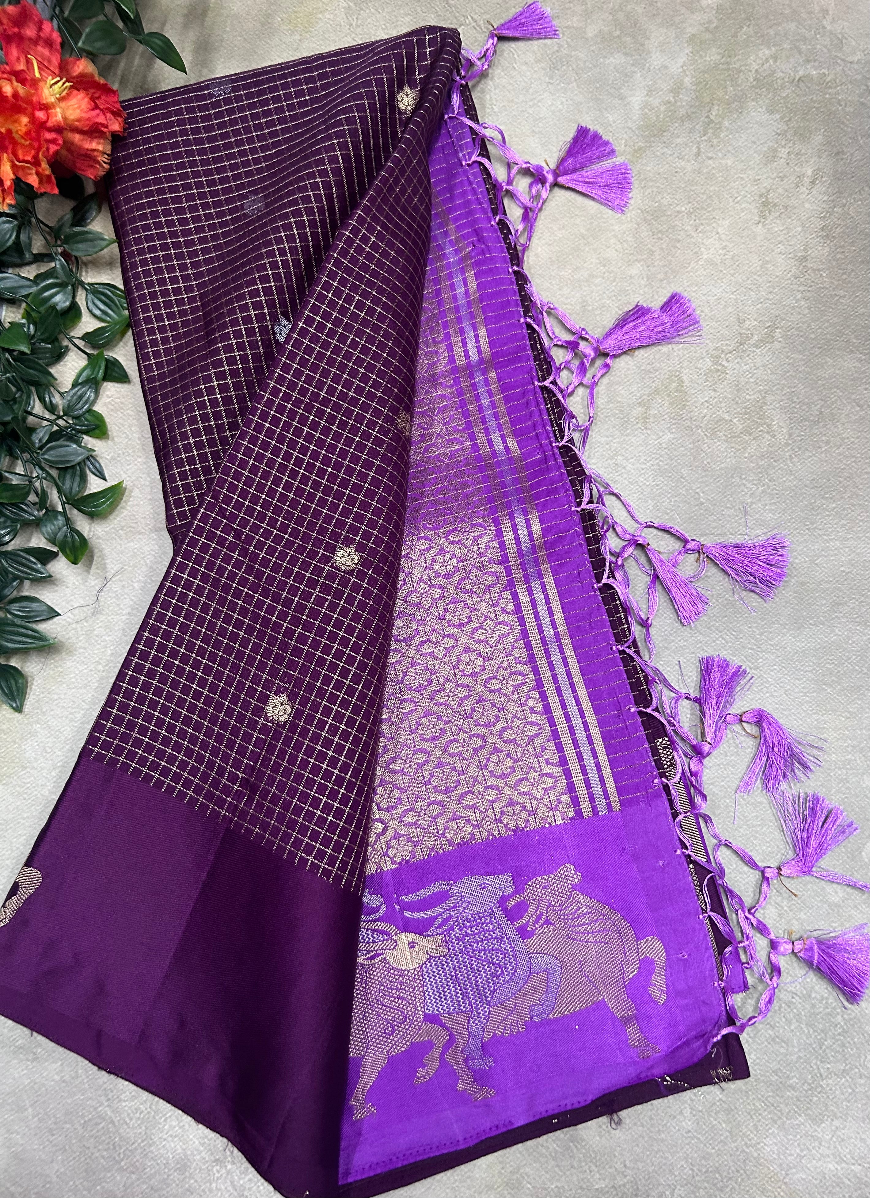 Wine small checks semi Mysore crepe saree(SMC106)